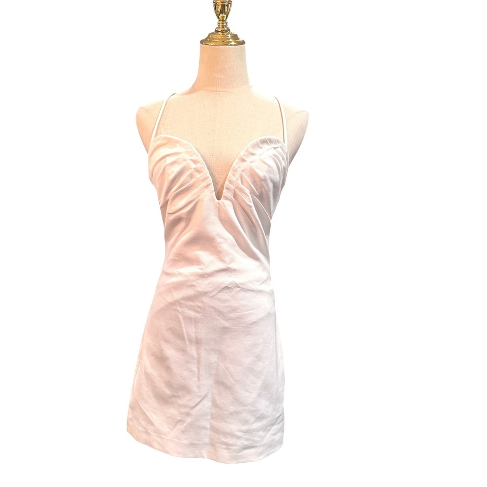 ZARA White Ruched Plunge Mini M Spaghetti straps Zipper NWT graduation dress